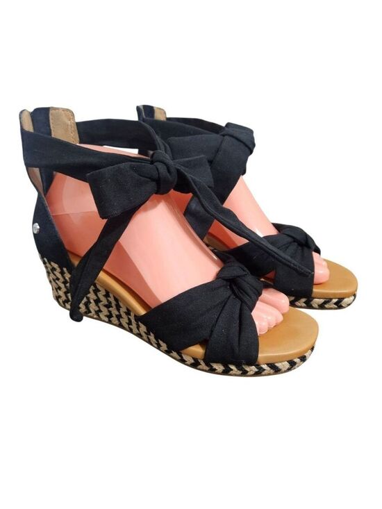 UGG Shoes - Ugg Yarrow Black/Tan Espadrille Ankle Tie Wedge Sandals Sz 7